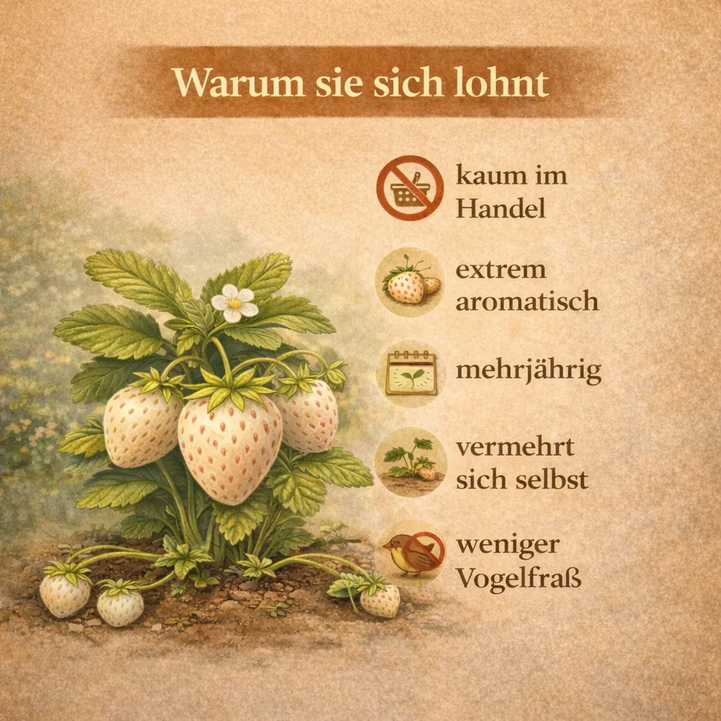 Ananas-Erdbeerpflanze mit weißen Früchten im Garten und Vorteilen für Selbstversorger