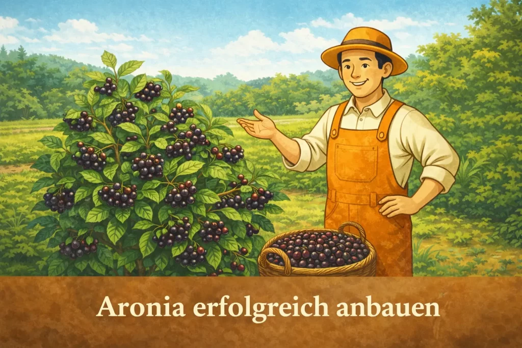Aronia Strauch im Garten mit Erntekorb und Hinweis auf erfolgreichen Anbau