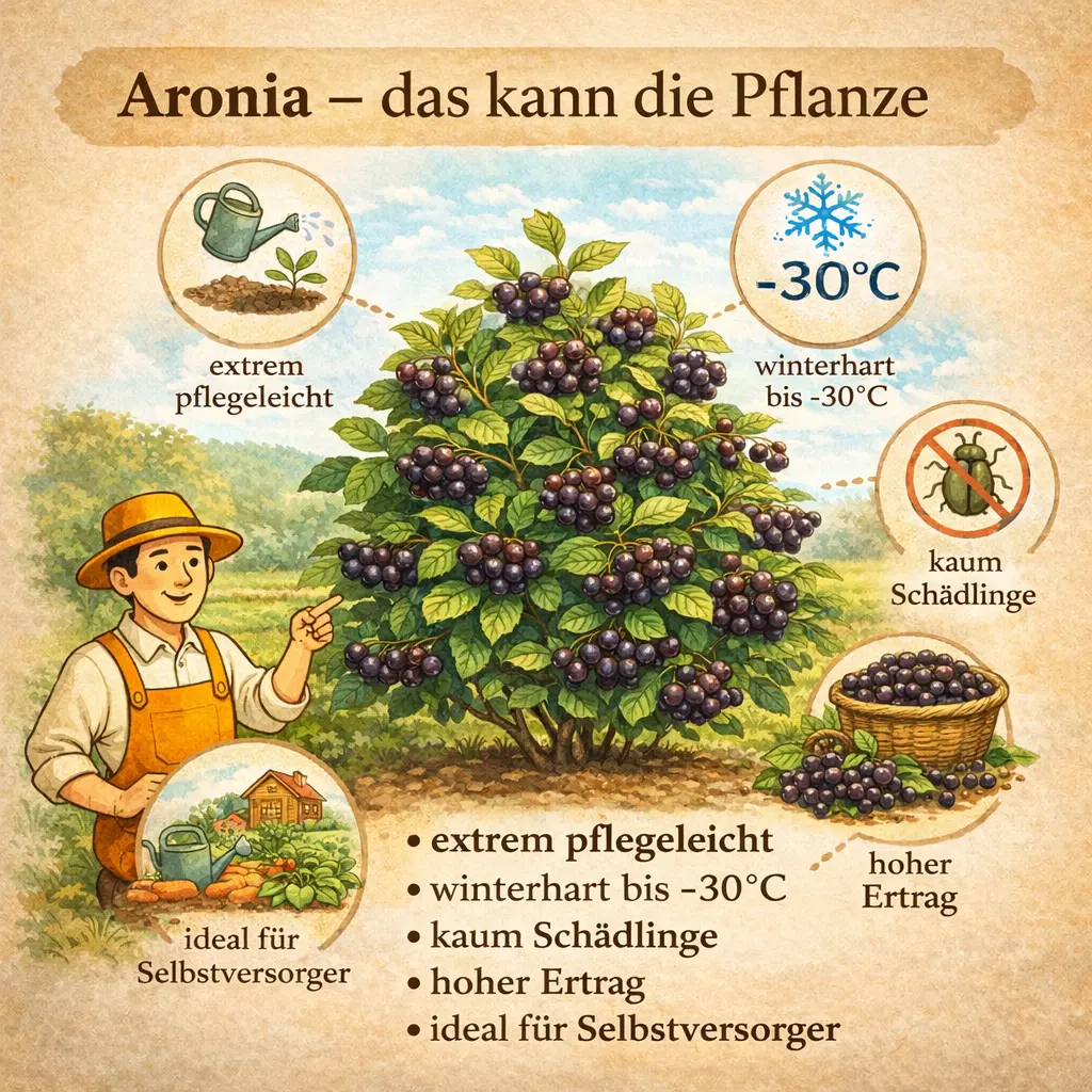 Aronia Strauch mit Eigenschaften wie pflegeleicht, winterhart und hoher Ertrag im Selbstversorgergarten