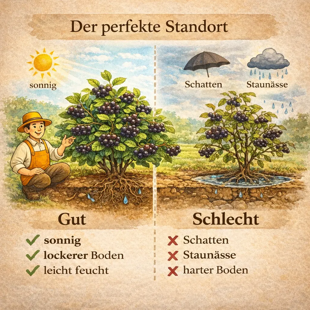 Vergleich guter und schlechter Standort für Aronia mit Boden und Lichtverhältnissen
