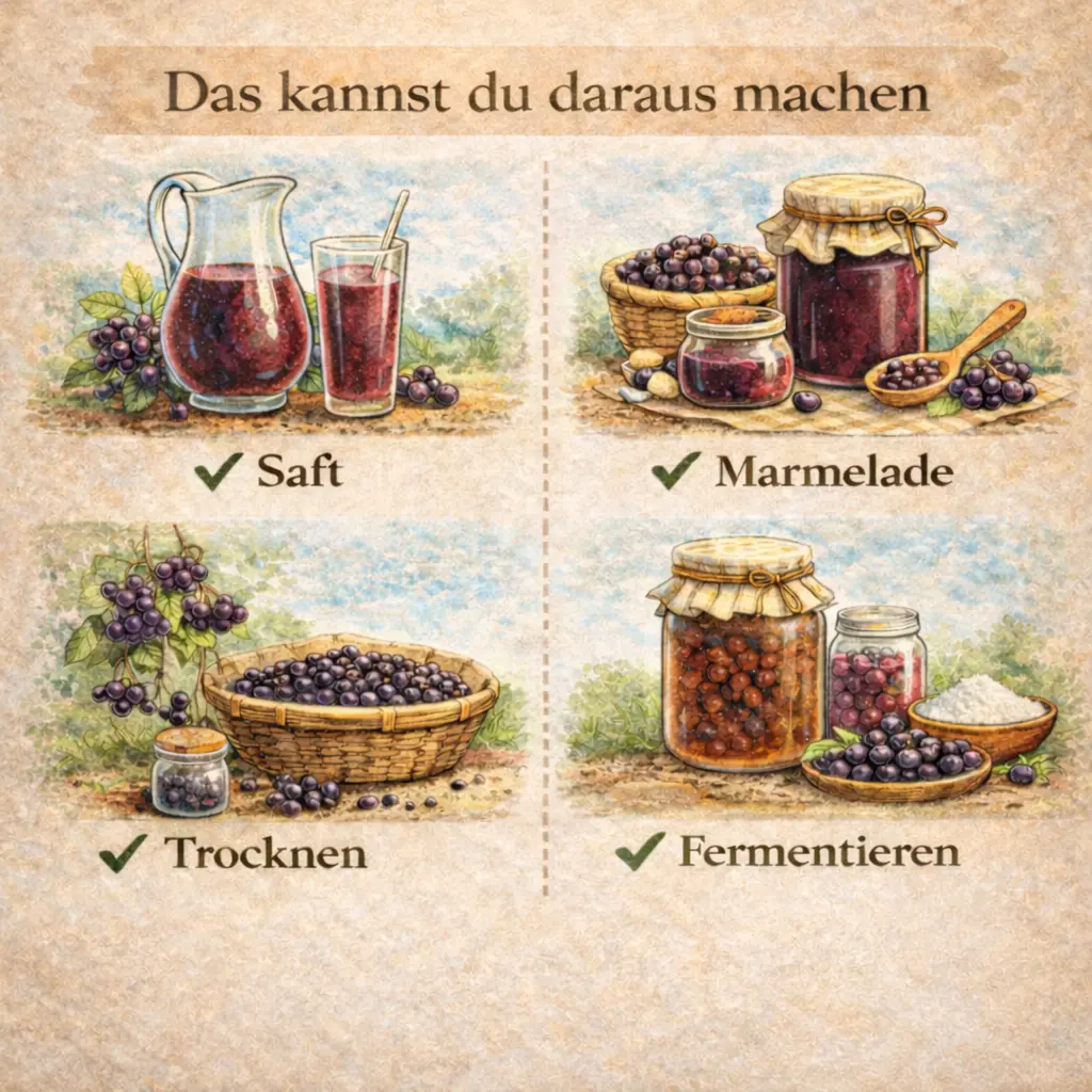 Aronia Beeren verarbeitet zu Saft, Marmelade und getrocknet für Selbstversorger