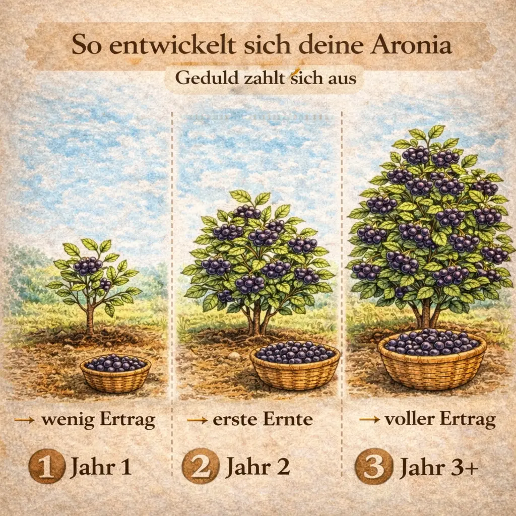 Aronia Pflanze Entwicklung von Jahr 1 bis Jahr 3 mit steigendem Ertrag