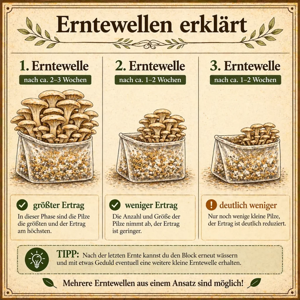 Erntewellen von Austernpilzen mit erstem hohen Ertrag und späteren kleineren Ernten