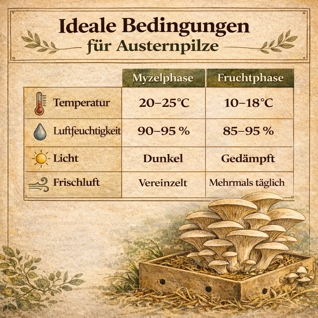 Ideale Bedingungen für Austernpilze mit Temperatur, Luftfeuchtigkeit und Licht im Überblick