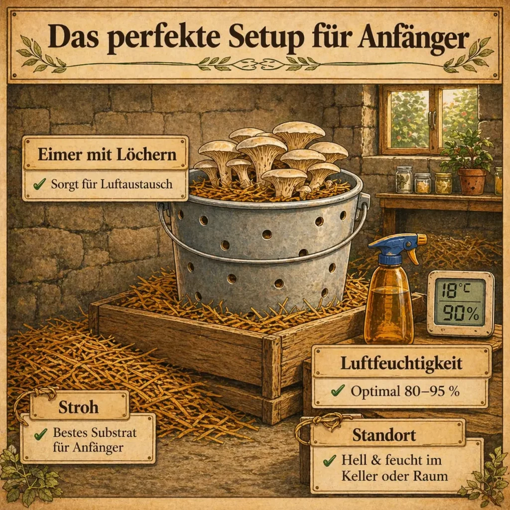Einfaches Setup für Austernpilze mit Eimer, Stroh und optimaler Luftfeuchtigkeit