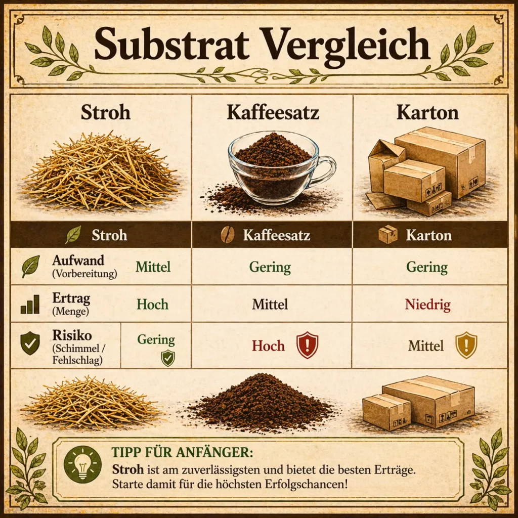 Vergleich von Substraten für Austernpilze wie Stroh, Kaffeesatz und Karton