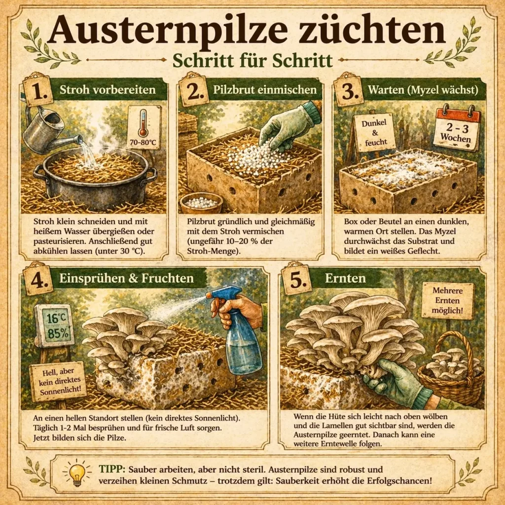 Schritt für Schritt Anleitung zum Züchten von Austernpilzen mit Stroh und Pilzbrut