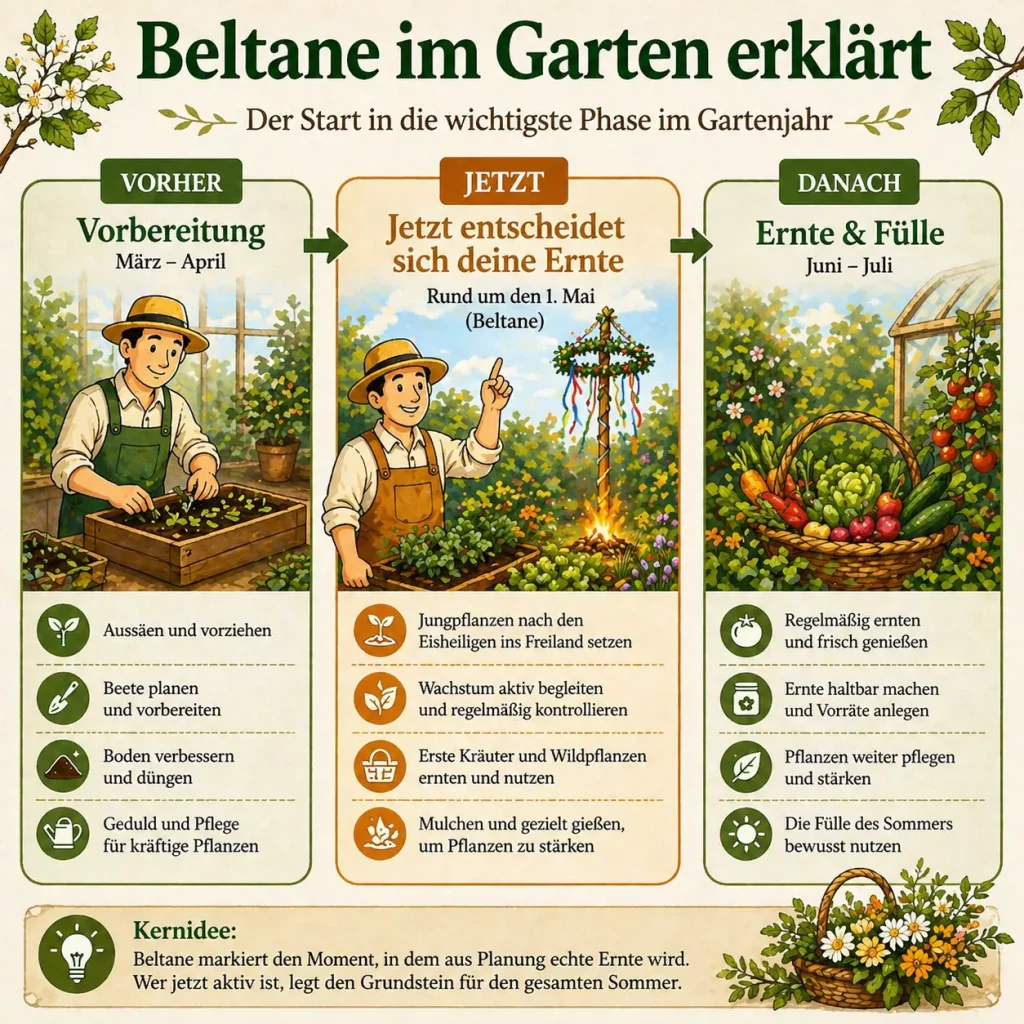 Beltane im Garten erklärt Übergang von Vorbereitung zu Wachstum und Ernte im Mai