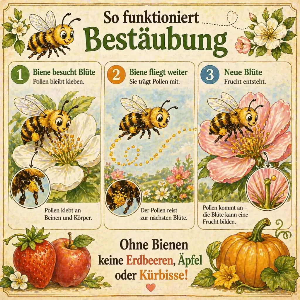 Einfache Erklärung der Bestäubung durch Bienen von Blüte zu Blüte für Kinder