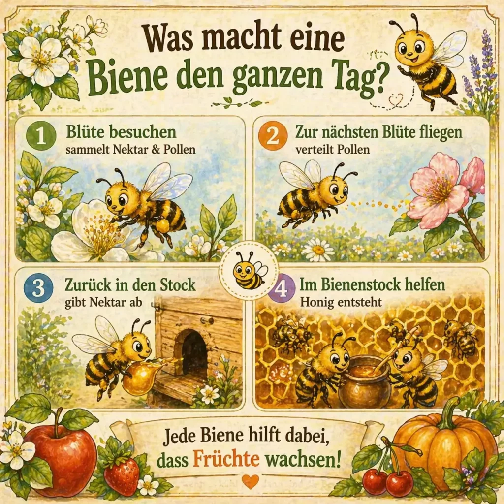 Tagesablauf einer Biene mit Nektar sammeln und Honig herstellen einfach erklärt