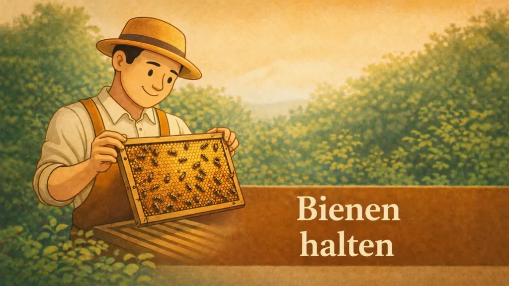 Imker hält Bienenwabe im Garten – Bienen halten