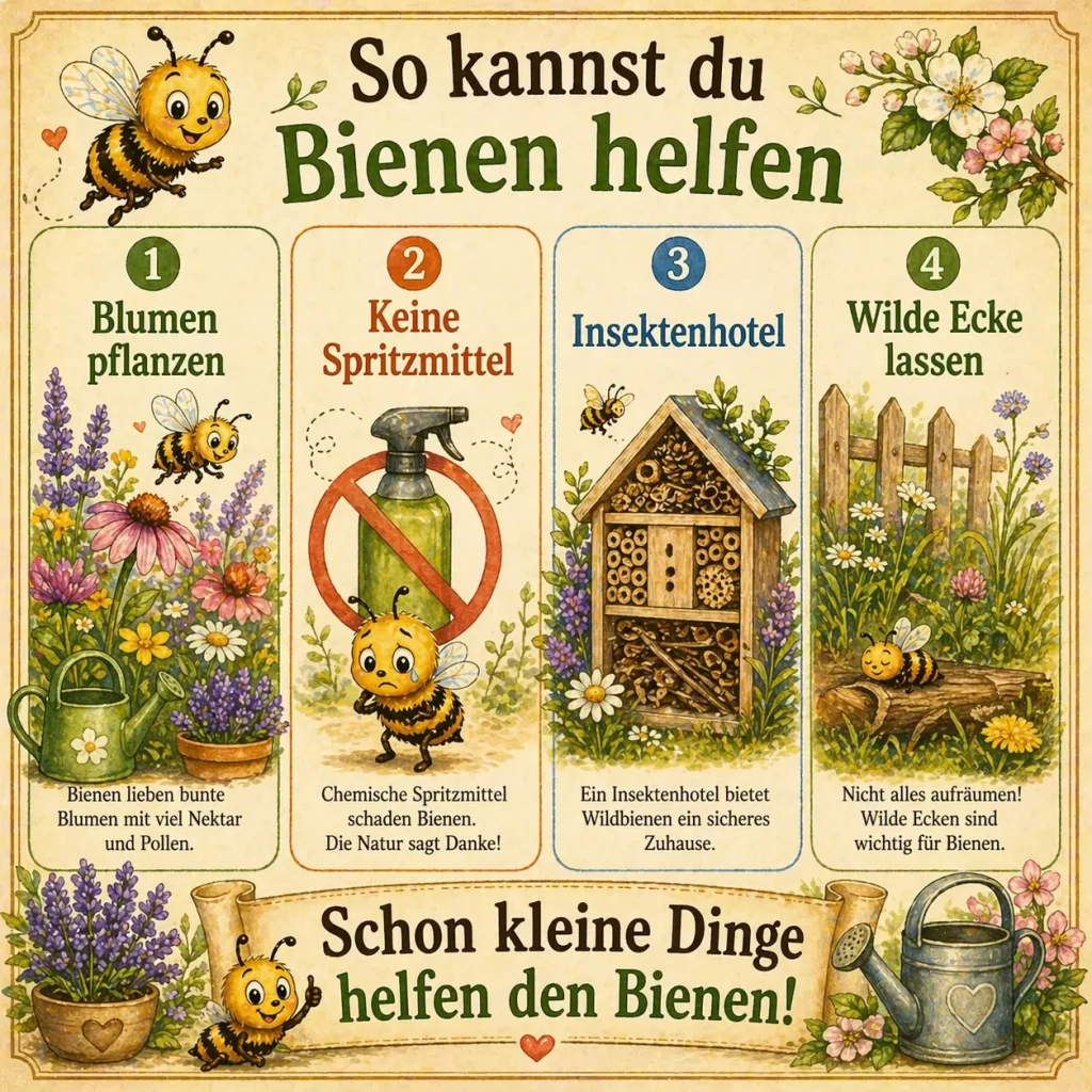 Einfache Tipps für Kinder um Bienen zu helfen wie Blumen pflanzen und Insektenhotel bauen