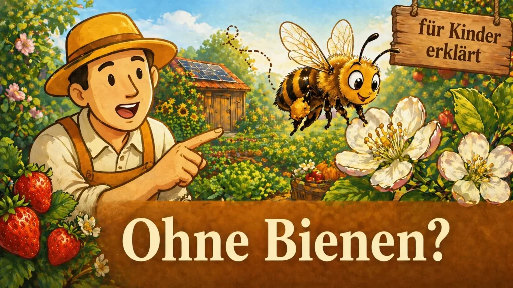 Kindgerechte Darstellung warum Bienen wichtig sind mit Garten, Blüten und Biene