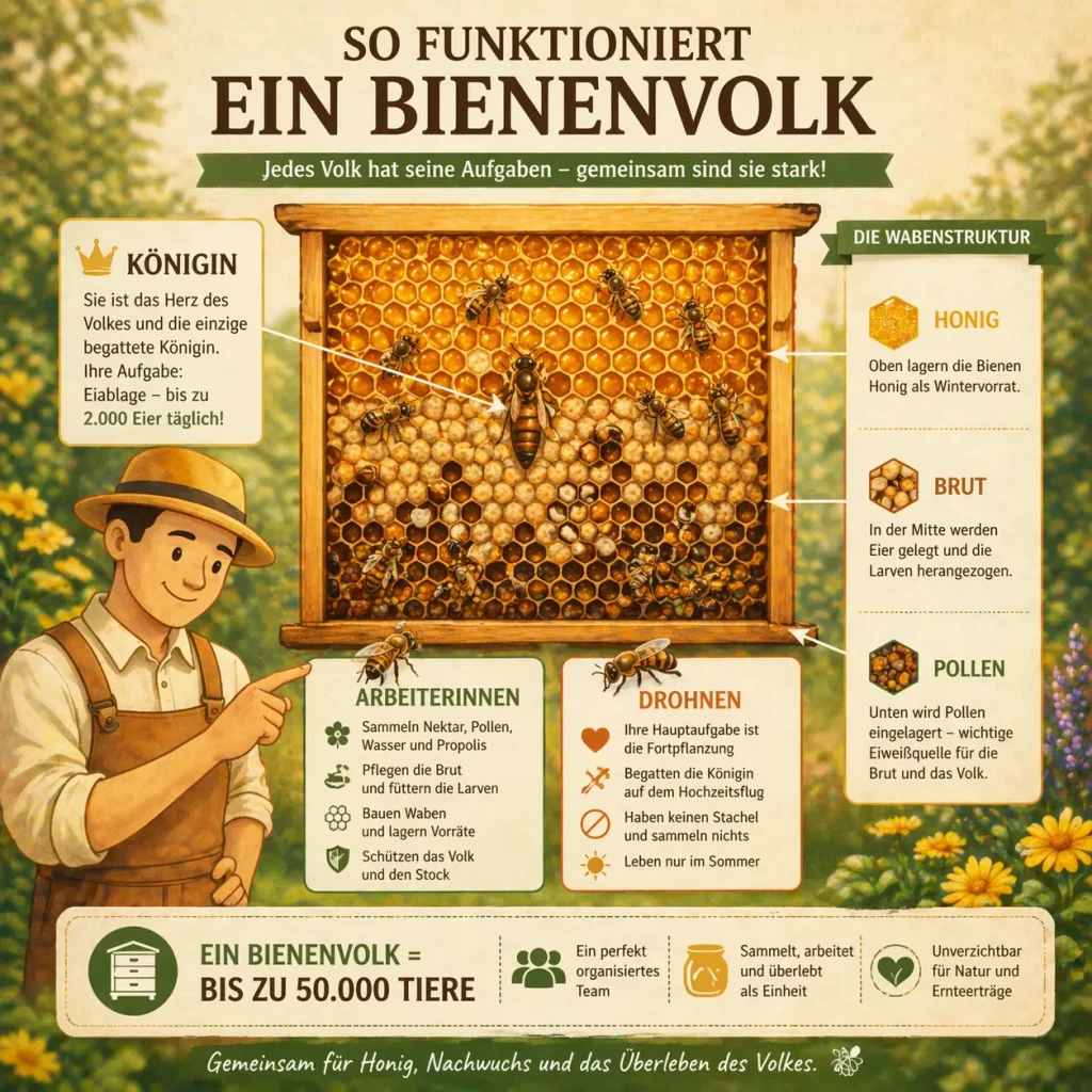 Infografik zum Aufbau eines Bienenvolks mit Königin, Arbeiterinnen, Drohnen sowie Honig-, Brut- und Pollenbereich
