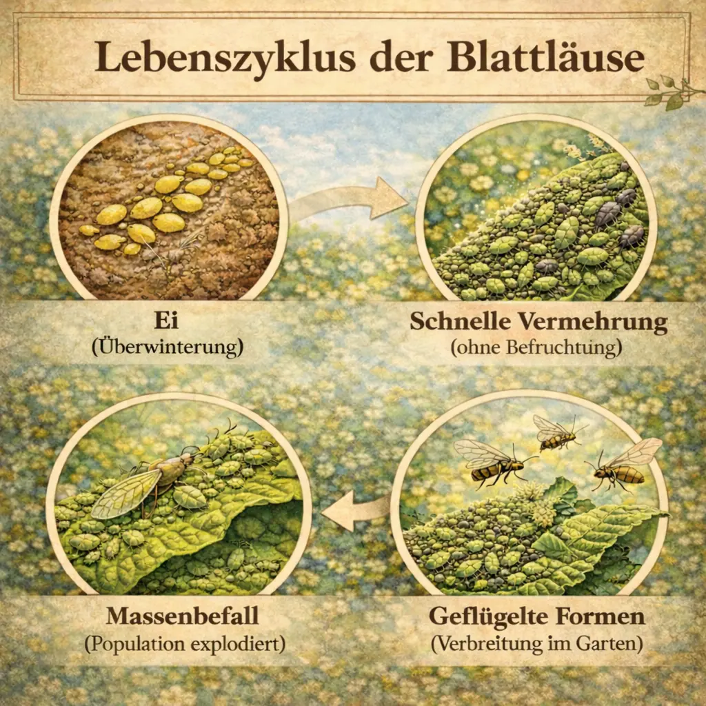 Lebenszyklus von Blattläusen mit Ei, schneller Vermehrung und Massenbefall im Garten