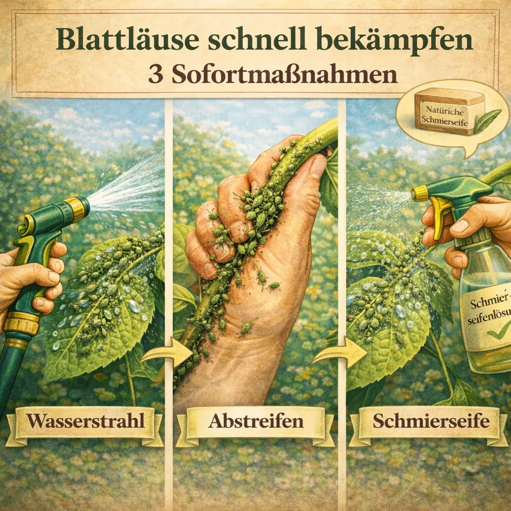 Blattläuse bekämpfen mit Wasserstrahl, Abstreifen und Schmierseife
