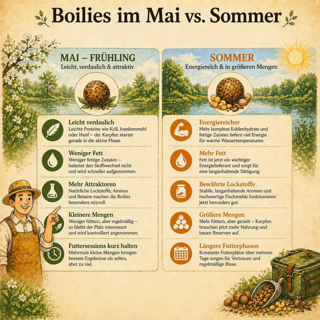 Boilies im Mai vs Sommer Vergleich Infografik mit Unterschieden bei Zutaten Futtermenge und Strategie für Karpfenangeln