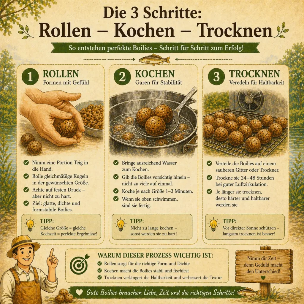 Boilies selber machen Anleitung mit Rollen Kochen und Trocknen Schritt für Schritt