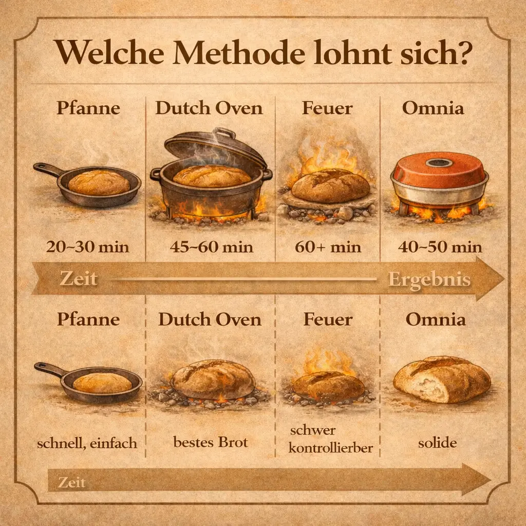 Infografik zu Zeit und Ergebnis verschiedener Methoden für Brot ohne Strom