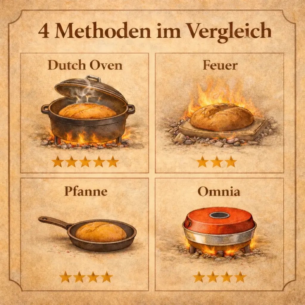 Vergleich von Dutch Oven, Feuer, Pfanne und Omnia beim Brotbacken ohne Strom