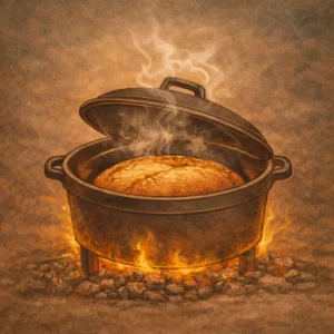 Frisch gebackenes Brot im Dutch Oven über Glut im Freien