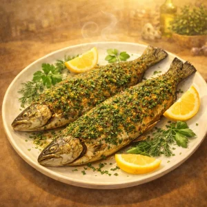 Knusprig gebratene Forellen mit frischer Kräuterpanade aus Petersilie, Dill und Schnittlauch auf einem Teller mit Zitrone