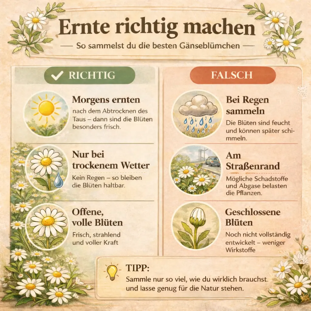 Gänseblümchen richtig ernten mit Tipps zu Zeitpunkt und Bedingungen