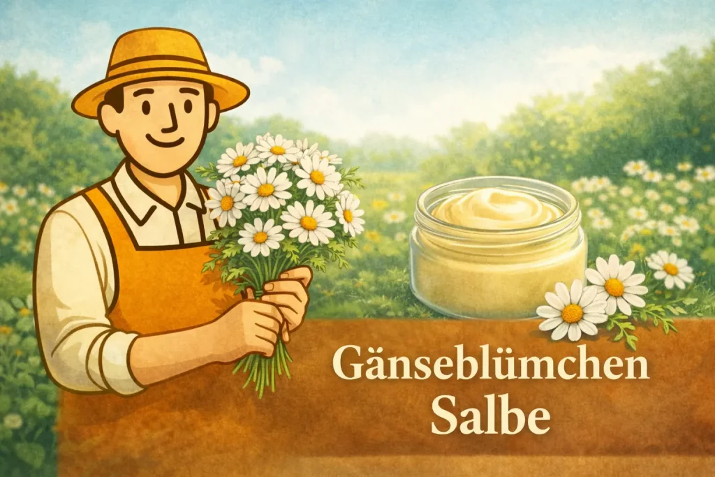 Gänseblümchensalbe selber machen mit frischen Blüten und fertiger Salbe im Glas