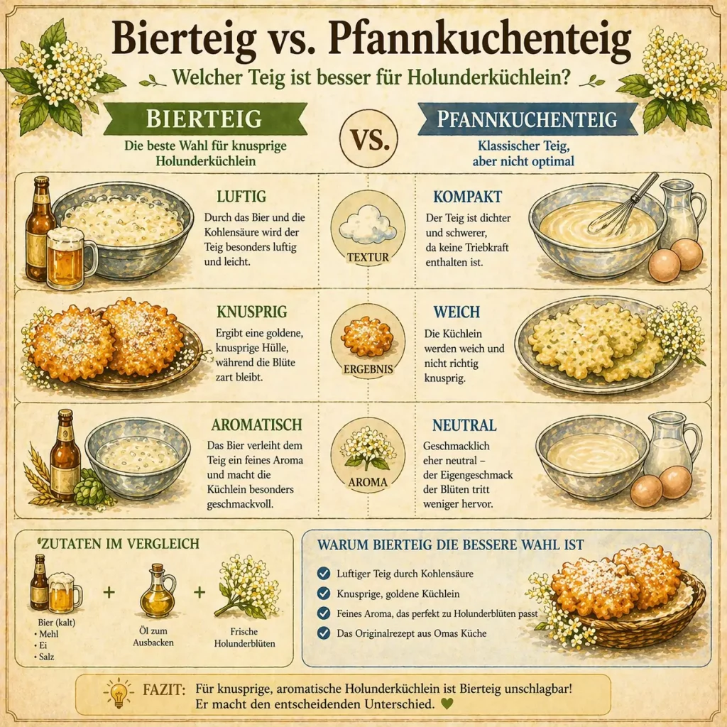 Vergleich Bierteig und Pfannkuchenteig für Holunderküchlein knusprig oder weich