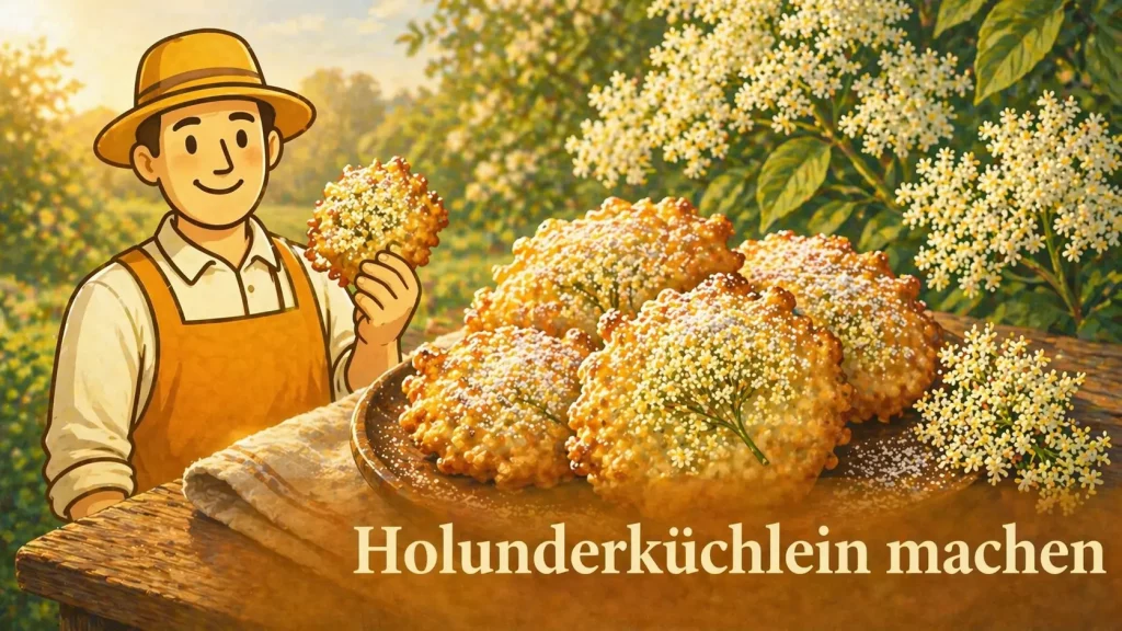 Holunderküchlein selber machen frisch gebacken mit Holunderblüten und Puderzucker