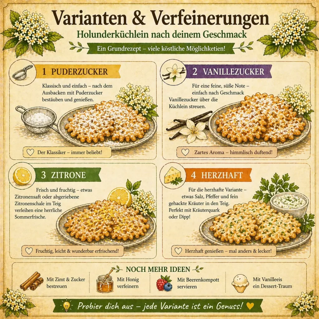 Holunderküchlein Varianten mit Puderzucker Vanillezucker Zitrone und herzhaft