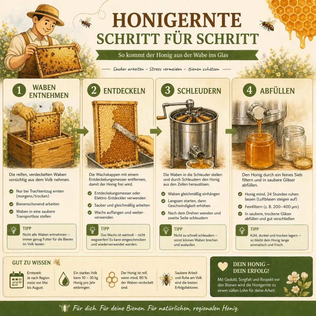 Schritt-für-Schritt Anleitung zur Honigernte von Waben entnehmen bis Honig abfüllen