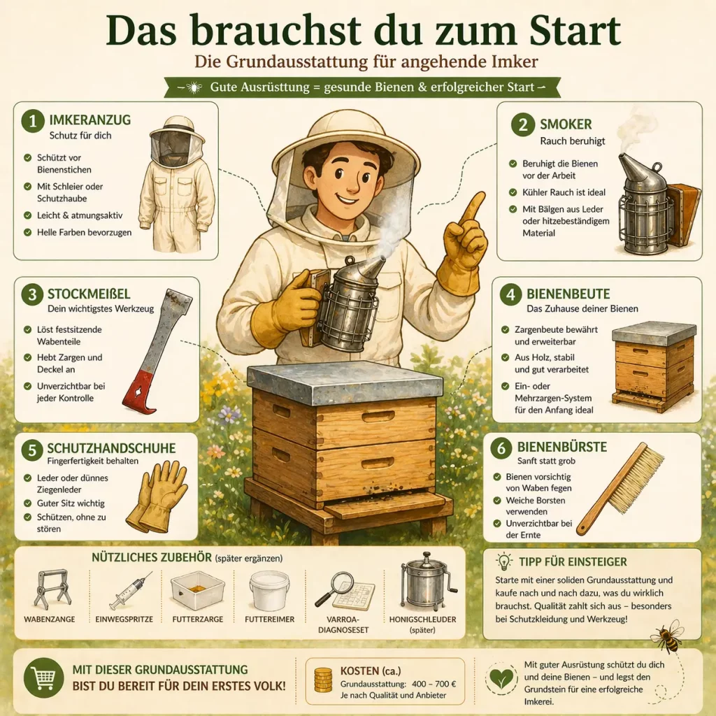 Infografik zur Imker Grundausstattung mit Anzug, Smoker, Stockmeißel und Bienenbeute