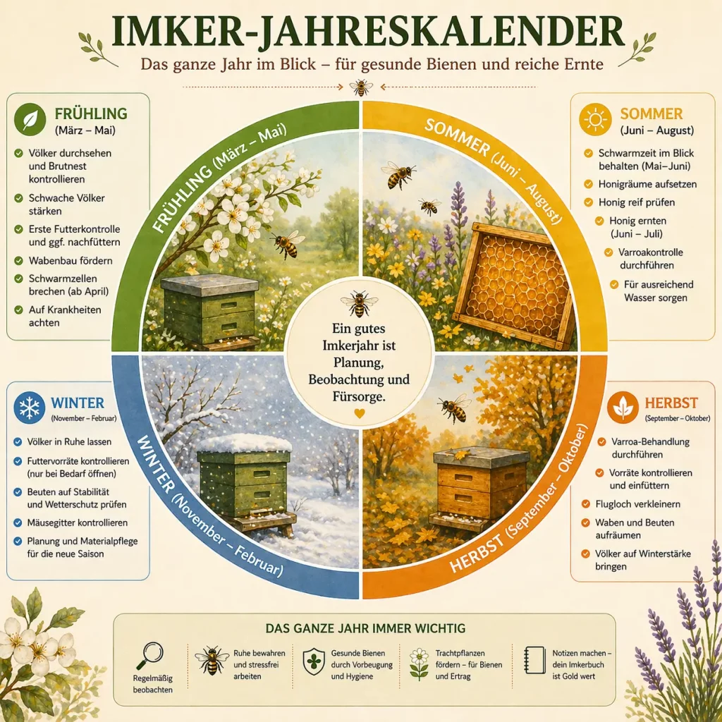 Übersichtlicher Imker-Jahreskalender mit Aufgaben im Frühling, Sommer, Herbst und Winter
