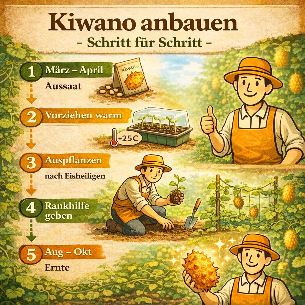 Kiwano anbauen Anleitung mit Aussaat Vorziehen Auspflanzen Rankhilfe und Ernte