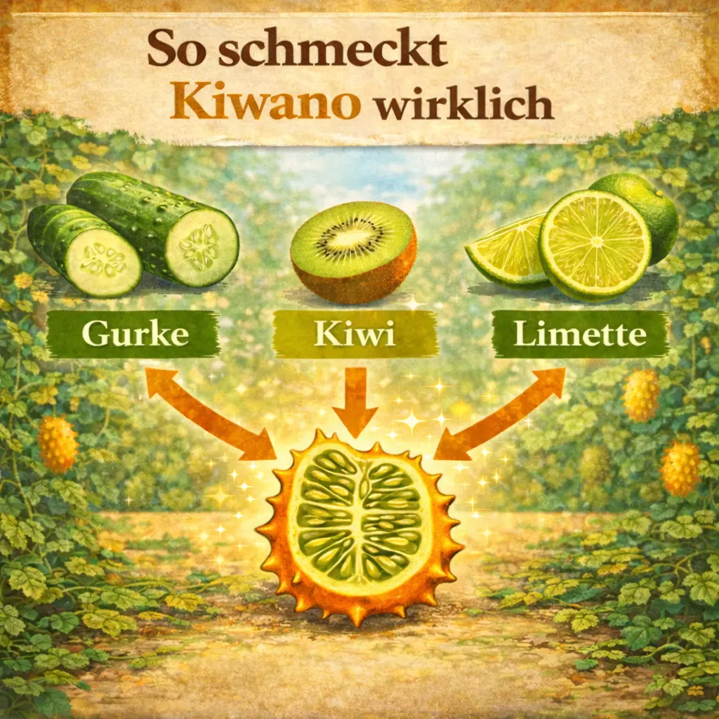 Geschmack der Kiwano mit Vergleich zu Gurke Kiwi und Limette als Infografik