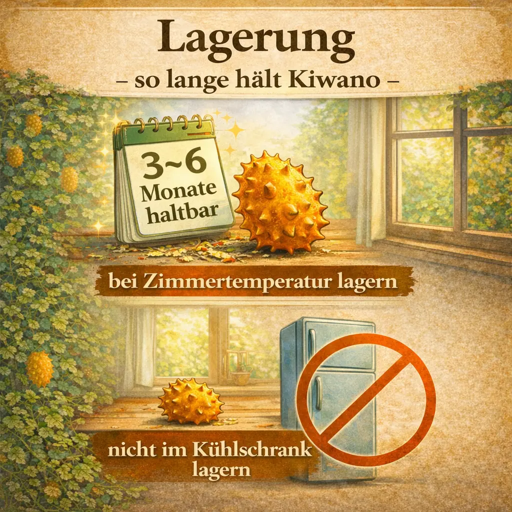 Kiwano richtig lagern bei Zimmertemperatur mit Haltbarkeit von 3 bis 6 Monaten ohne Kühlschrank