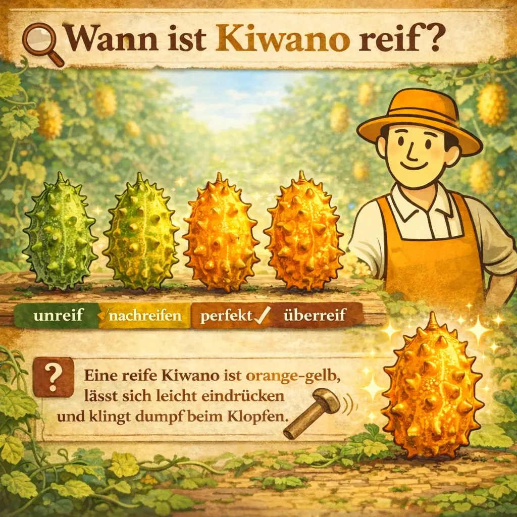 Kiwano Reifegrade von unreif bis überreif erkennen mit Farbverlauf von grün bis orange
