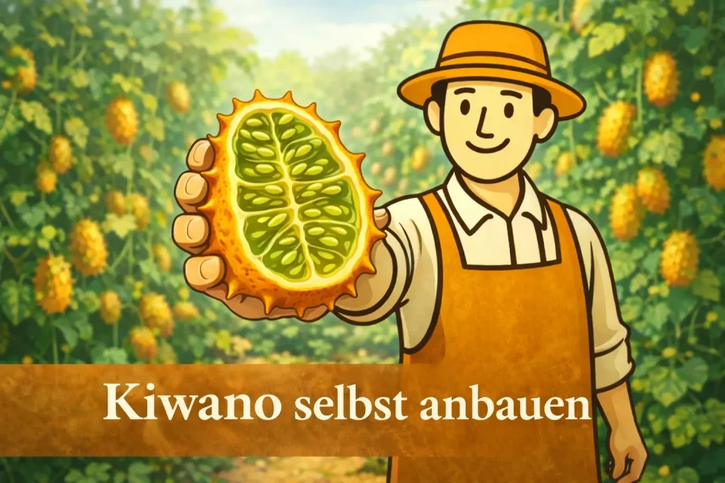 Kiwano Frucht aufgeschnitten mit grünem Fruchtfleisch im Garten beim Selbstanbau