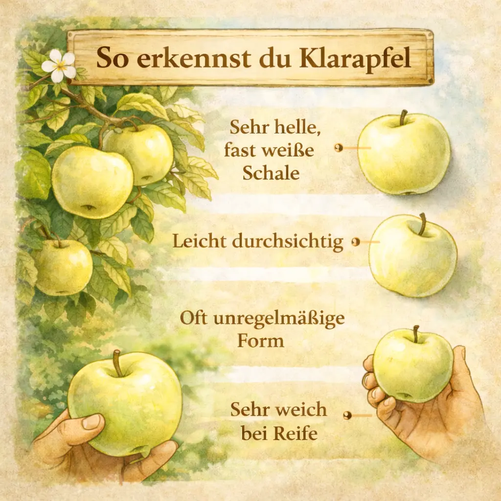 Merkmale des Klarapfels mit heller Schale und weicher Frucht