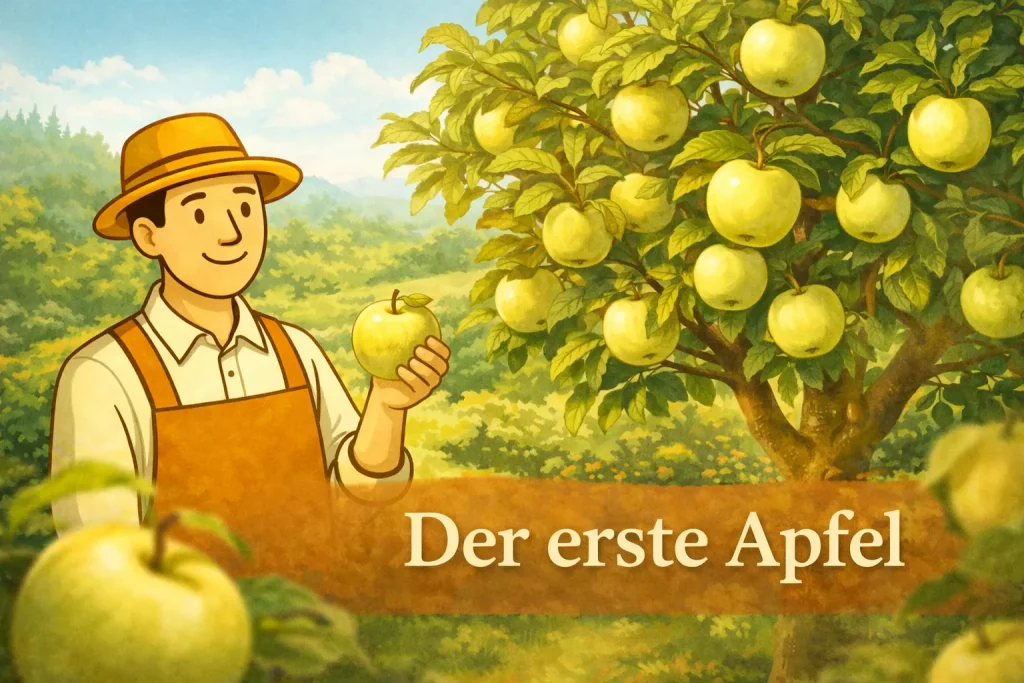 Klarapfel Baum mit reifen hellen Äpfeln im Selbstversorgergarten