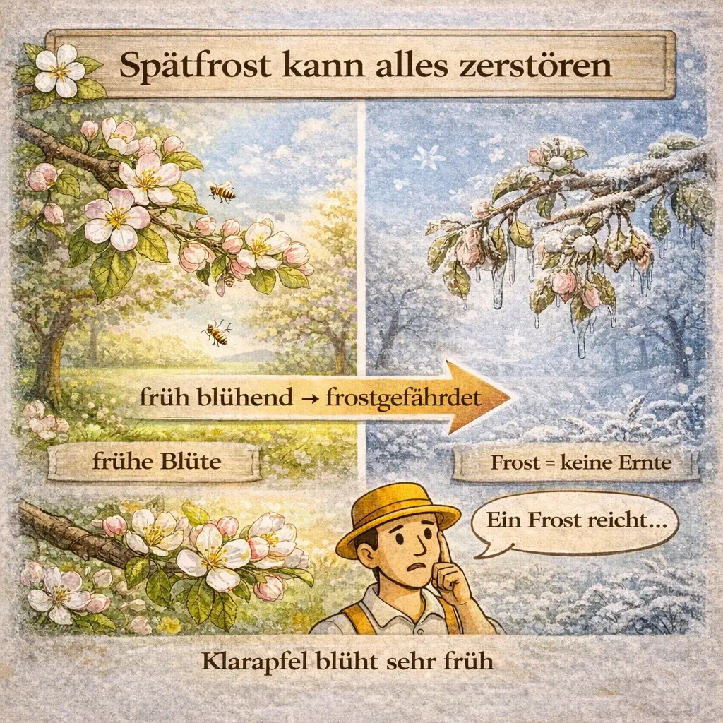 Klarapfel Blüte im Frühling und Frostschaden durch Spätfrost