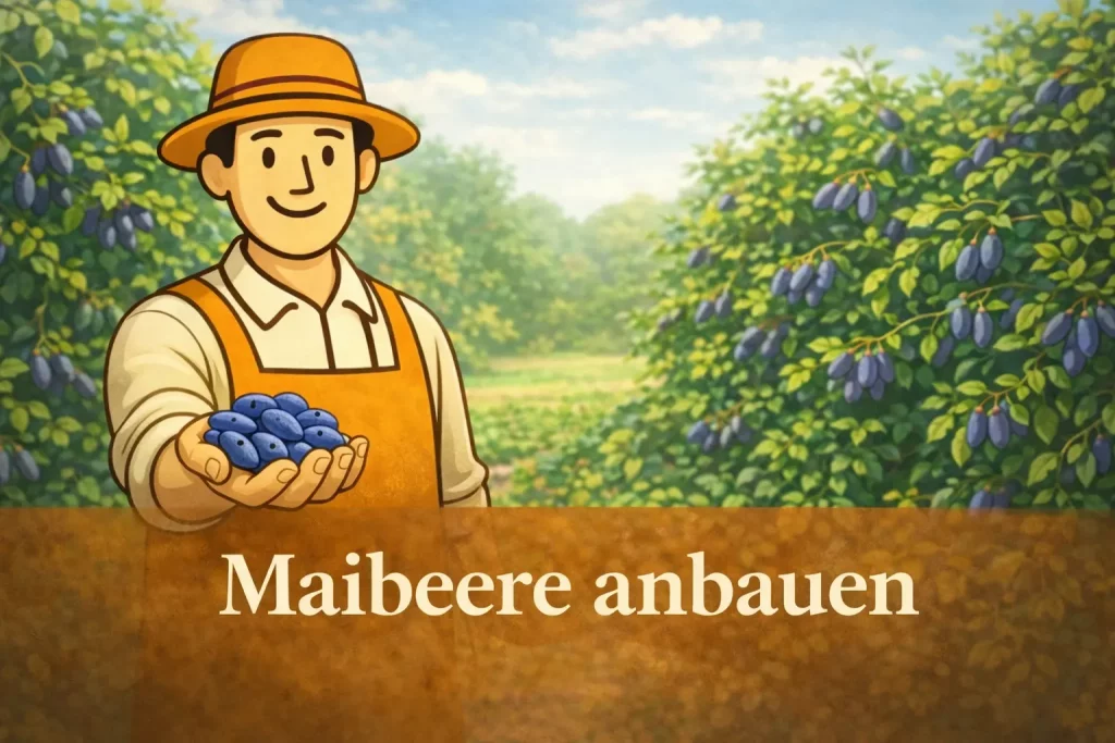Maibeeren anbauen im Selbstversorger Garten mit reifen Früchten am Strauch