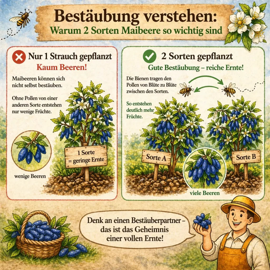Bestäubung von Maibeeren mit zwei Sorten für höhere Ernte erklärt