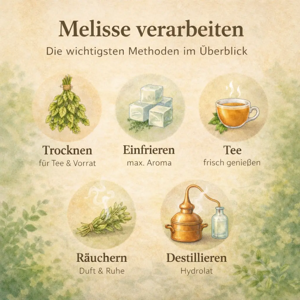 Verschiedene Anwendungen von Melisse als Tee Hydrolat Räucherung und Vorrat im Überblick