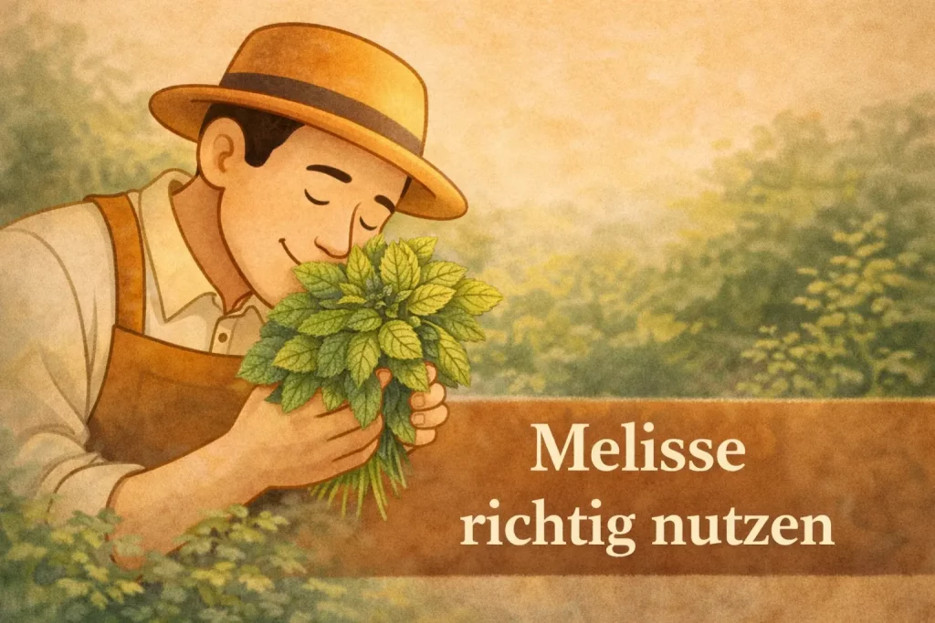 Frisch geerntete Melisse wird im Garten in der Hand gehalten und ihr aromatischer Duft wahrgenommen