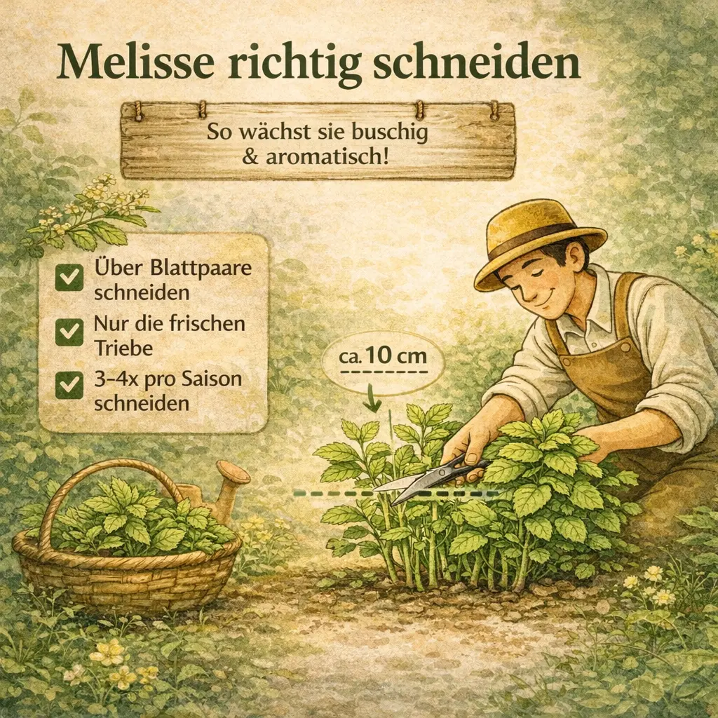 Melisse wird im Garten über Blattpaaren geschnitten um buschiges Wachstum zu fördern