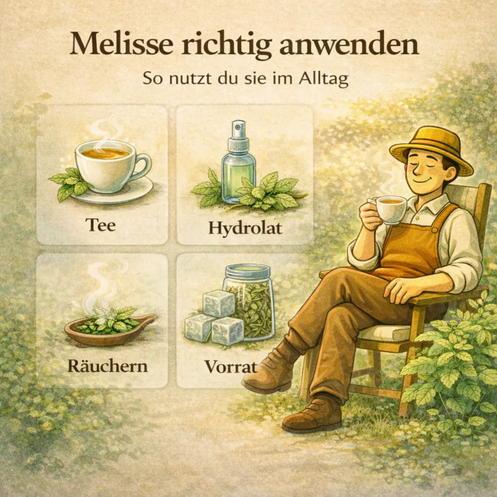 Übersicht der wichtigsten Methoden um Melisse zu verarbeiten wie Trocknen Einfrieren Tee und Destillation