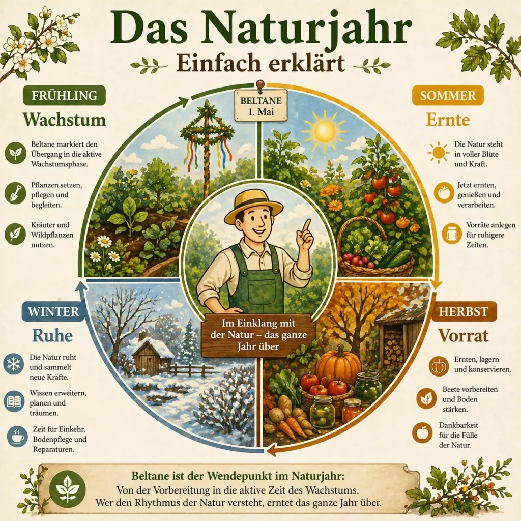 Naturjahr Infografik mit Frühling Wachstum Sommer Ernte Herbst Vorrat und Winter Ruhe für Selbstversorger erklärt