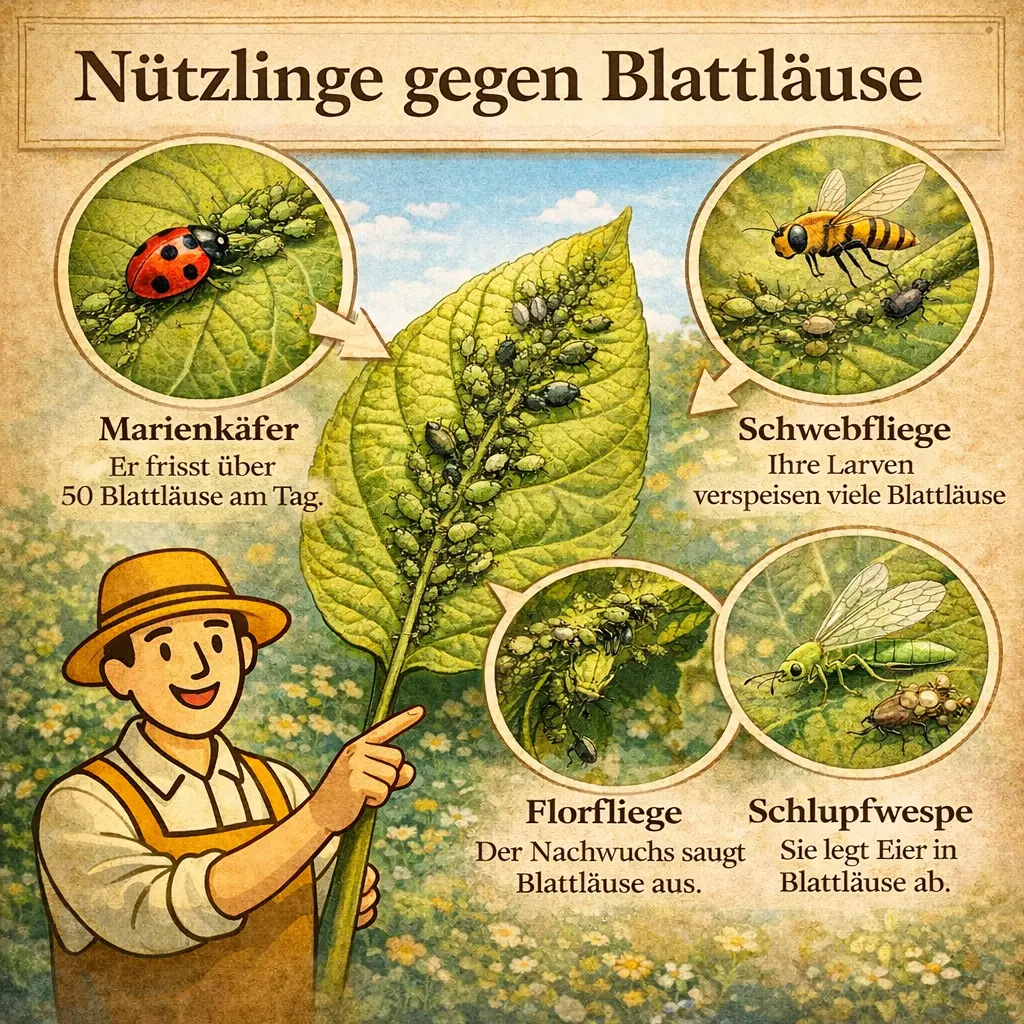 Marienkäfer, Florfliegen und Schwebfliegen fressen Blattläuse im Garten